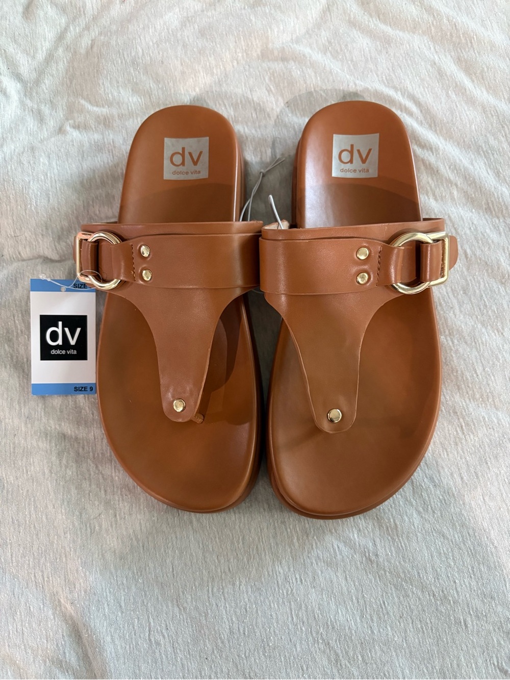 Dolce Vita Tan Leather Toe-Post Sandals with Gold Buckle